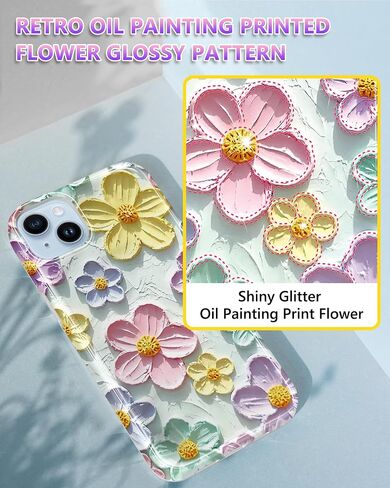 JIAXIUFEN Case for iPhone 14 iPhone 13 Sparkle Glitter Retro Oil Painting Printed Flower Design Slim Shockproof Protective TPU Soft Silicone Cover Phone Case Blue Pink in Kuwait