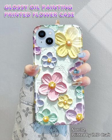 JIAXIUFEN Case for iPhone 14 iPhone 13 Sparkle Glitter Retro Oil Painting Printed Flower Design Slim Shockproof Protective TPU Soft Silicone Cover Phone Case Blue Pink in Kuwait