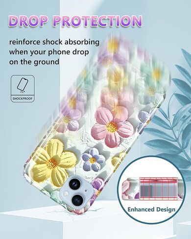 JIAXIUFEN Case for iPhone 14 iPhone 13 Sparkle Glitter Retro Oil Painting Printed Flower Design Slim Shockproof Protective TPU Soft Silicone Cover Phone Case Blue Pink in Kuwait