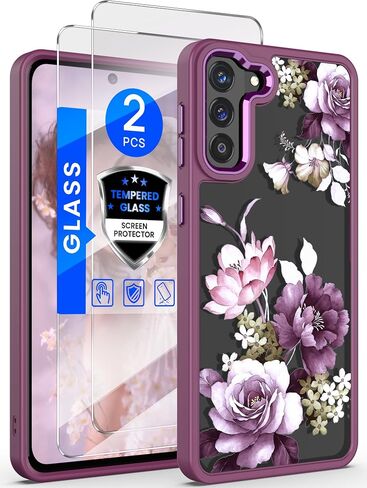 Dretal for Samsung Galaxy S21 Plus 5G Case, Galaxy S21+ Case, Military Grade Drop Tested Hard Back & Soft Edge Slim Flower Women Girls Protective Cover +Tempered Glass Screen Protector (Deep Purple) in Saudi Arabia