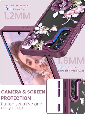 Dretal for Samsung Galaxy S21 Plus 5G Case, Galaxy S21+ Case, Military Grade Drop Tested Hard Back & Soft Edge Slim Flower Women Girls Protective Cover +Tempered Glass Screen Protector (Deep Purple) in Saudi Arabia