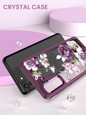 Dretal for Samsung Galaxy S21 Plus 5G Case, Galaxy S21+ Case, Military Grade Drop Tested Hard Back & Soft Edge Slim Flower Women Girls Protective Cover +Tempered Glass Screen Protector (Deep Purple) in Saudi Arabia