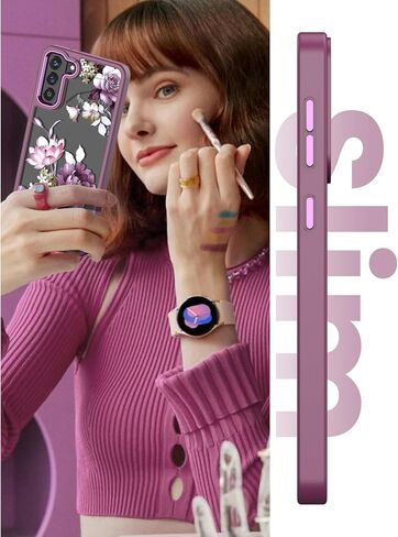 Dretal for Samsung Galaxy S21 Plus 5G Case, Galaxy S21+ Case, Military Grade Drop Tested Hard Back & Soft Edge Slim Flower Women Girls Protective Cover +Tempered Glass Screen Protector (Deep Purple) in Saudi Arabia