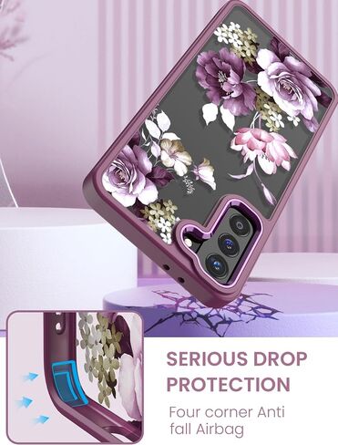 Dretal for Samsung Galaxy S21 Plus 5G Case, Galaxy S21+ Case, Military Grade Drop Tested Hard Back & Soft Edge Slim Flower Women Girls Protective Cover +Tempered Glass Screen Protector (Deep Purple) in Saudi Arabia