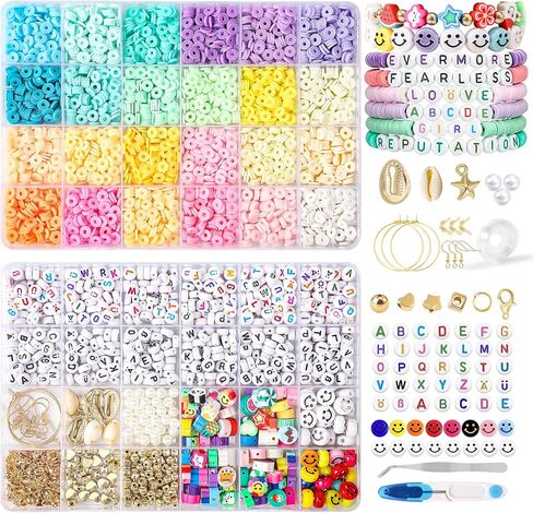 FEHCBIO Clay Beads Set Bracelet Making, 8452pcs Polymer Clay Beads Flat Heishi Friendship Bracelet kit,with Color Letter Smile Beads and Pearl for Jewelry Making DIY Creative Gift for girl and adult in Saudi Arabia