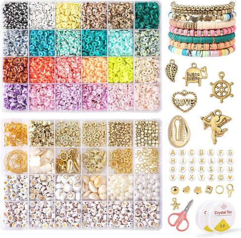 FEHCBIO Clay Beads Set Bracelet Making, 8452pcs Polymer Clay Beads Flat Heishi Friendship Bracelet kit,with Color Letter Smile Beads and Pearl for Jewelry Making DIY Creative Gift for girl and adult in Saudi Arabia