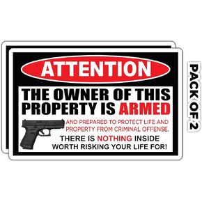 | Attention Owner is armed sticker Protected by Sign Vinyl Decal Military Veteran Bumper Sticker for Car, Truck, Mailbox, Fridge, Water Bottle, Flask, Laptop 2 Pack 4 inches -Imp 73