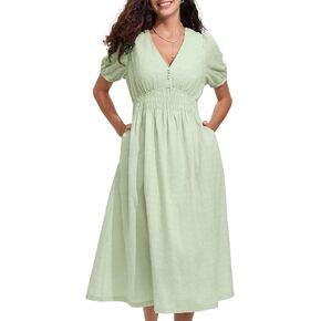 ALLOVIN Womens Boho Summer Dress 2024 Puff Short Sleeve V-Neck Smocked High Waist A-Line Swiss Dot Midi Cotton with Pockets