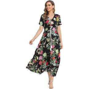 Women's Boho Floral Maxi Dress Summer Button Up Split Flowy Beach Party Dress