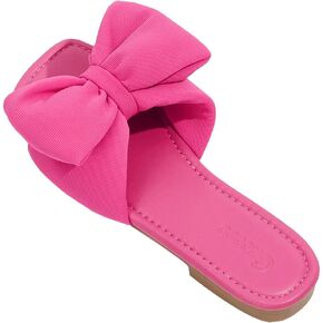 OYOANGLE Women's Bow Decor Square Open Toe Flat Sandals Solid Plain Lightweight Soft Slip on Dressy Slides