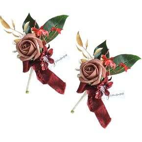 Lookein Set of 2 Wedding Boutonniere for Men Artificial Flowers Wedding Groom Groomsmen Boutonniere for Wedding Ceremony Anniversary Formal Dinner Party, Dusty Rose&Burgundy