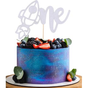 Rocket One Cake Topper - Silver Glitter Space 1st Birthday Party Supplies, First Rocket Baby 1st Birthday Cake Decoration, Celestial One Cake Topper