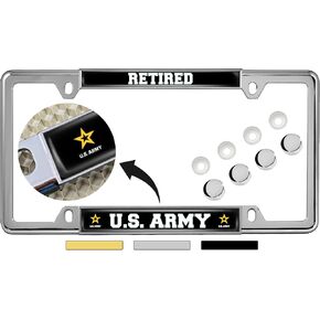 [Officially Licensed Product] - U.S. Army Retired - Domed Custom-Made Personalized Narrow (Thin) Top 4 Hole Metal Car License Plate Frame with Free caps - Black (Quantity: 1 Frame)