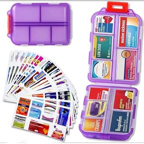 YUNGOD Pill Organizer with Medicine Labels Travel Daily Pill Container Mini Medication Organizer Storage Pill Organizer Pill Case 7 Day Portable Pill Organizer (Pink, Pill Box with Stickers)