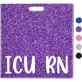 Plifal ICU RN Badge Buddy Card Holder Nurse Nursing Accessories Intensive Care Unit Registered Nurse Glitter Blue Horizontal ID Name Identification Tags Nurse Work