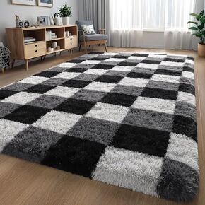 Luxury Fluffy Plaid Rugs for Bedroom Living Room, 4x6 Feet Burgundy Checkerboard Area Rug, Thickened Memory-Foam Carpet for Kids Boys Girls Room, Nursery Dorm, Soft, Non-Slip, High Pile