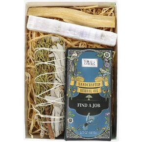 Soul Sticks Manifesting Intention's Kit Gift Set with Sage, Spell Herbal Oil, Palo Santo Stick and 4" Selenite Wand in White Gift Box (Against Enemies)