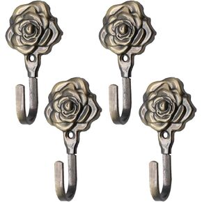 Metal Curtain Holdbacks Rose Pattern Carve Vintage Designed Drapery Tiebacks Wall Mounted Hooks (Bronze Tone, Pack of 4 Pcs)