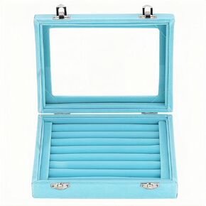 Velvet Glass Jewelry Ring Display Stand Storage Box Ring Earrings Jewelry Box Ring Holder Case for Women Girls (Black)