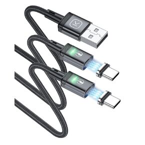 Kuulaa Magnetic USB C Cable (2 Pack 3ft/3ft) 3A Fast Charging USB Type C Charger Cord with LED Nylon Braided USB C Magnetic Charging Cable for Samsung & Type C Device (Black 3ft+3ft)