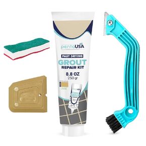 PentaUSA Grout - Tile Grout Repair Kit with Grout Removal Tool, Premix Grout Bundle Set with Remover Saw, Sponge and Cleaner (8.8 Oz - 250gr) (Beige)