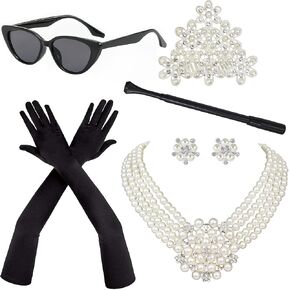 6PCS 1920s Accessories,20s Vintage Accessories for Women Pearl Necklace Earrings Gloves Sunglasses