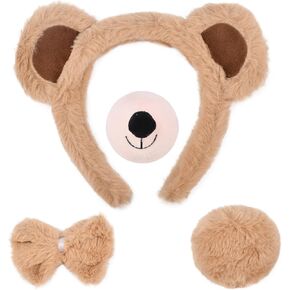 4 PCS Bear Ears and Tail Set-Brown Bear Headband Nose Tail Bow Tie Cosplay Party Costume Accessoies for Kids and Adults