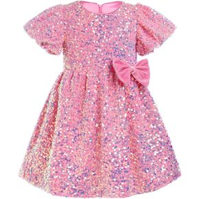 Kids Velvet Dress Flower Girls Sequin Dresses Short Puff Sleeve Birthday Holiday Party Sparkly Princess Dress
