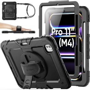 SEYMAC stock Case for iPad Pro 11 inch (M4) Case 2024 5th Generation, Shockproof Protective Case with Pencil Holder Screen Protector, 360° Rotate Stand Case with Adjustable Hand/Shoulder Strap, Black