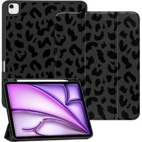 Compatible with iPad Air 13 Inch Case 2024 with Pencil Holder,TPU Back Case,Auto Sleep/Wake Cover with iPad Pencil Charging Cute Women Men Girls-Black Purple Leopard Cheetah