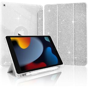 TopPerfekt Case for iPad 9th Generation/iPad 8th Generation/iPad 7th Generation 10.2 Inch (2021/2020/2019), Folio Clear Glitter Shiny Sparkly Stand Case with Pencil Holder, Auto Sleep/Wake - Silver