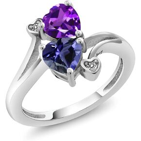 Gem Stone King 925 Sterling Silver Purple Amethyst Blue Iolite and White Diamond Ring For Women (1.26 Cttw, Heart Shape 6MM, Gemstone February Birthstone, Available In Size 5, 6, 7, 8, 9)