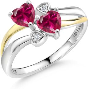 Gem Stone King 925 Silver and 10K Yellow Gold Red Created Ruby and White Lab Grown Diamond Ring For Women (1.22 Cttw, July Birthstone, Heart Shape 5MM, Available in Size 5,6,7,8,9)