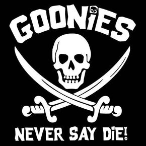 Goonies Never Say Die Skull and Crosbones Decal Vinyl Sticker Makarios LLC |Cars Trucks Vans Walls Laptop MKR| White |5.5 x 5.25 in|MKR199
