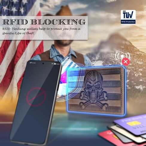 هدية رجالية محفظة جمجمة بعلم أمريكي للرجال ثنائية الطي من الجلد الطبيعي مشبك نقود RFID مع 6 فتحات للبطاقات (محفظة جمجمة بعلم أمريكي بني) in Kuwait