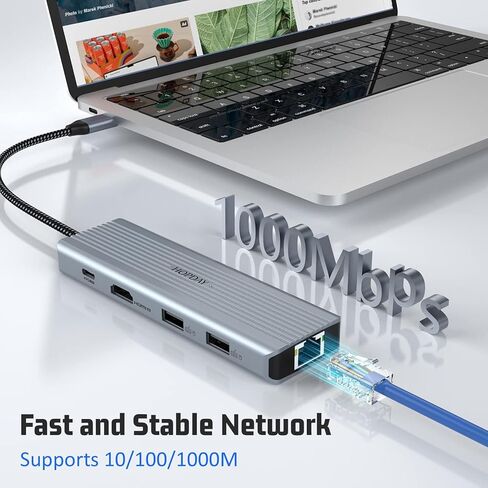 HOPDAY USB C Hub 10 في 1 شاشة مزدوجة USB C إلى Ethernet Dongle مع 4K HDMI، 100W PD، USB 3.0، قارئ بطاقة SD/TF، ​​محطة إرساء كمبيوتر محمول متعددة المنافذ لجهاز MacBook in Saudi Arabia