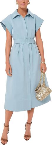 فستان نسائي كاجوال بأزرار سفلية من Ladyful، فستان قصير بأكمام جناح، فستان متوسط ​​الطول مع حزام، فستان أنيق باللون الأزرق الفاتح in Kuwait