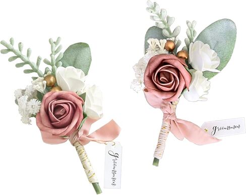 Lookein Set of 2 Wedding Boutonniere for Men Artificial Flowers Wedding Groom Groomsmen Boutonniere for Wedding Ceremony Anniversary Formal Dinner Party, Dusty Rose&Burgundy in Saudi Arabia
