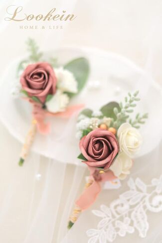 Lookein Set of 2 Wedding Boutonniere for Men Artificial Flowers Wedding Groom Groomsmen Boutonniere for Wedding Ceremony Anniversary Formal Dinner Party, Dusty Rose&Burgundy in Saudi Arabia