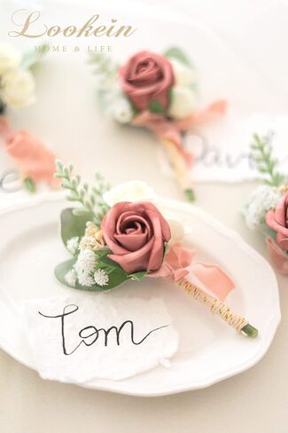 Lookein Set of 2 Wedding Boutonniere for Men Artificial Flowers Wedding Groom Groomsmen Boutonniere for Wedding Ceremony Anniversary Formal Dinner Party, Dusty Rose&Burgundy in Saudi Arabia