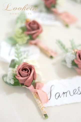 Lookein Set of 2 Wedding Boutonniere for Men Artificial Flowers Wedding Groom Groomsmen Boutonniere for Wedding Ceremony Anniversary Formal Dinner Party, Dusty Rose&Burgundy in Saudi Arabia