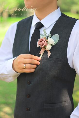 Lookein Set of 2 Wedding Boutonniere for Men Artificial Flowers Wedding Groom Groomsmen Boutonniere for Wedding Ceremony Anniversary Formal Dinner Party, Dusty Rose&Burgundy in Saudi Arabia