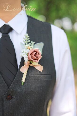 Lookein Set of 2 Wedding Boutonniere for Men Artificial Flowers Wedding Groom Groomsmen Boutonniere for Wedding Ceremony Anniversary Formal Dinner Party, Dusty Rose&Burgundy in Saudi Arabia