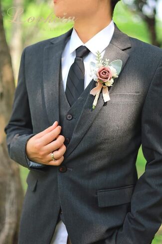 Lookein Set of 2 Wedding Boutonniere for Men Artificial Flowers Wedding Groom Groomsmen Boutonniere for Wedding Ceremony Anniversary Formal Dinner Party, Dusty Rose&Burgundy in Saudi Arabia