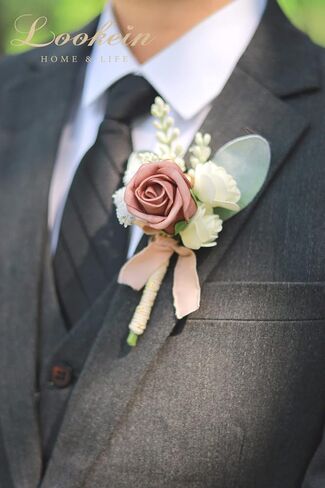 Lookein Set of 2 Wedding Boutonniere for Men Artificial Flowers Wedding Groom Groomsmen Boutonniere for Wedding Ceremony Anniversary Formal Dinner Party, Dusty Rose&Burgundy in Saudi Arabia