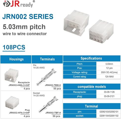 JRready ST6420 Standard.093" Pin and Socket Power Connectors 12 Circuits (2 Matched Sets), 14-20 AWG，Compatible with Molex Standard.093" 12 Pin Male& Female Connector, 5.03 mm Pitch, Free Hanging in Saudi Arabia