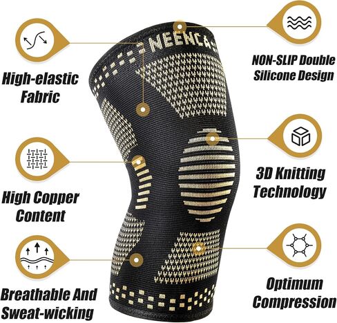NEENCA Copper Knee Braces for Knee Pain Relief - 2 Pack Copper Knee Sleeves Set, Knee Compression Sleeve with Copper Ions Infused Fiber for Sports, Workout, Arthritis, Meniscus Tear - FSA/HSA APPROVED in Saudi Arabia