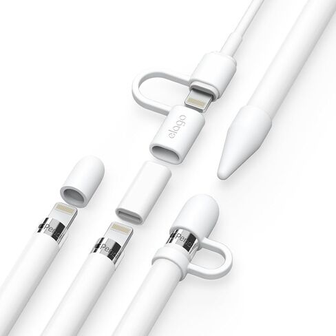 elago Pencil Protection Set Compatible with Apple Pencil 1st Generation, Cap Holder, Cap Replacement, Charging Cable Adapter Tether, Pencil Nib Cover, 4 Items Included [White] in Saudi Arabia
