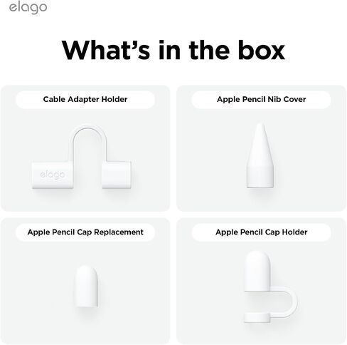 elago Pencil Protection Set Compatible with Apple Pencil 1st Generation, Cap Holder, Cap Replacement, Charging Cable Adapter Tether, Pencil Nib Cover, 4 Items Included [White] in Saudi Arabia