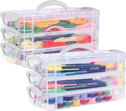 Pencil Box Plastic Storage Containers with Latching Lids Stackable Office Supplies Organizer with a Handle for Gel Pens Erasers Crafts Markers Crayon(2 x 3 Layer) in Saudi Arabia
